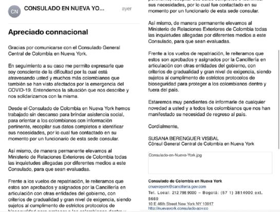 Respuesta que recibió del Consulado General Central de Colombia en Nueva York Respuesta que recibió del Consulado General Central de Colombia en Nueva York