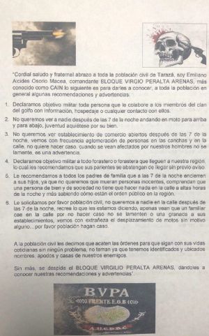 panfleto amenaza a comunidad de Tarazá los Caparros: Investigan panfleto en el que prohíben llegada de personas ajenas a Tarazá panfleto amenaza a comunidad de Tarazá los Caparros: Investigan panfleto en el que prohíben llegada de personas ajenas a Tarazá