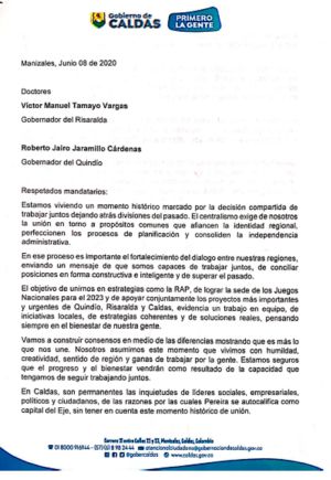 Carta al Gobernador de Risaralda Carta al Gobernador de Risaralda