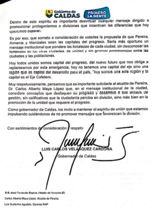 Carta al Gobernador de Risaralda Carta al Gobernador de Risaralda
