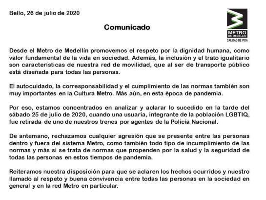 Investigan caso donde una mujer trans es retirada del Metro de Medellín: Investigan caso donde una mujer trans es retirada del Metro de Medellín Investigan caso donde una mujer trans es retirada del Metro de Medellín: Investigan caso donde una mujer trans es retirada del Metro de Medellín
