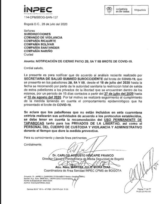 Coronavirus Covid-19: Tres patios de la Cárcel La Modelo cerrados y en cuarentena Coronavirus Covid-19: Tres patios de la Cárcel La Modelo cerrados y en cuarentena