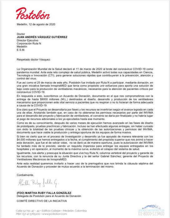 Postobón retira ayuda financiera a ventiladores mecánicos InnspiraMED Postobón retira ayuda financiera a ventiladores mecánicos InnspiraMED