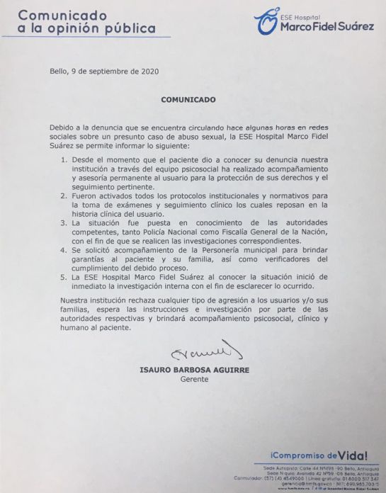 Paciente denuncia presunto abuso sexual en Hospital de Bello, Antioquia: Paciente denuncia presunto abuso sexual en Hospital de Bello, Antioquia Paciente denuncia presunto abuso sexual en Hospital de Bello, Antioquia: Paciente denuncia presunto abuso sexual en Hospital de Bello, Antioquia