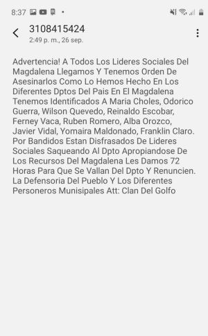 Amenazas y asesinatos a líderes sociales del Magdalena: Denuncian nuevas amenazas de muerte contra líderes sociales del Magdalena Amenazas y asesinatos a líderes sociales del Magdalena: Denuncian nuevas amenazas de muerte contra líderes sociales del Magdalena