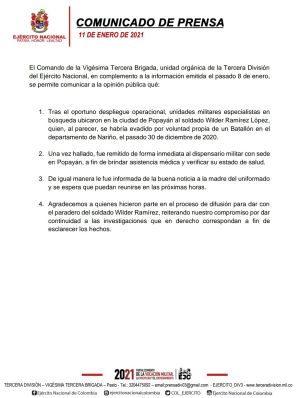 Apareció el soldado Wilder Ramirez López Apareció el soldado Wilder Ramirez López