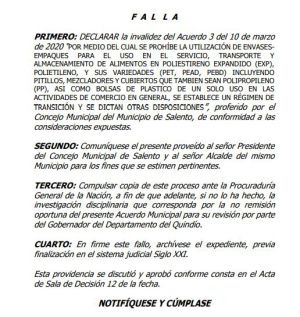 Parte del fallo del Tribunal Administrativo del Quindío sobre el acuerdo en Salento Parte del fallo del Tribunal Administrativo del Quindío sobre el acuerdo en Salento