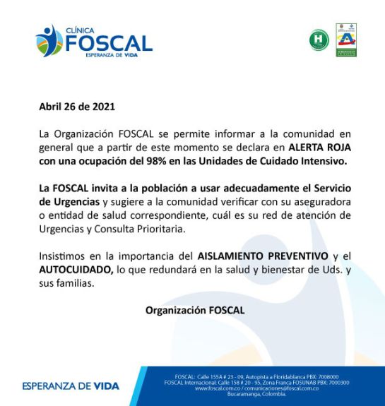 Foscal se suma a la alerta roja hospitalaria Foscal se suma a la alerta roja hospitalaria