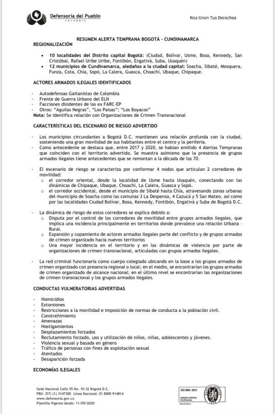 Grupos ilegales Bogotá: Defensoría alerta presencia de grupos ilegales en 10 localidades de Bogotá Grupos ilegales Bogotá: Defensoría alerta presencia de grupos ilegales en 10 localidades de Bogotá