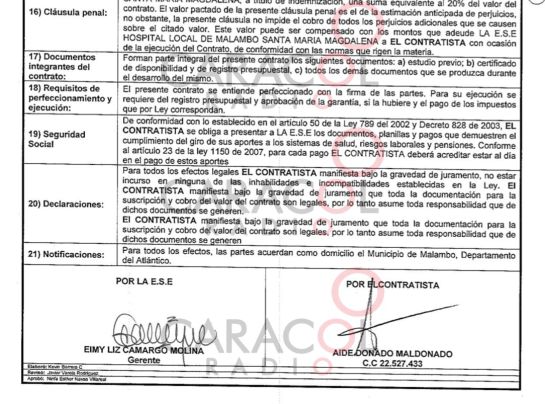 Contrato supuestamente firmado por la médica Contrato supuestamente firmado por la médica
