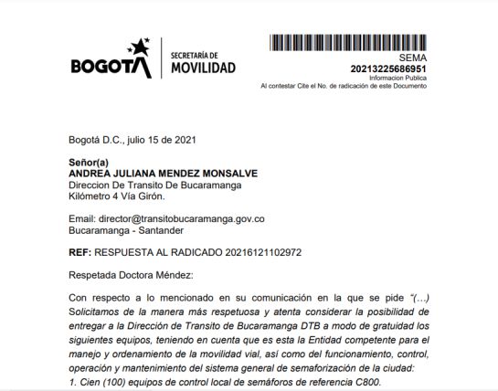 Carta de pedido de ayuda a secretaría de Movilidad de Bogotá Carta de pedido de ayuda a secretaría de Movilidad de Bogotá