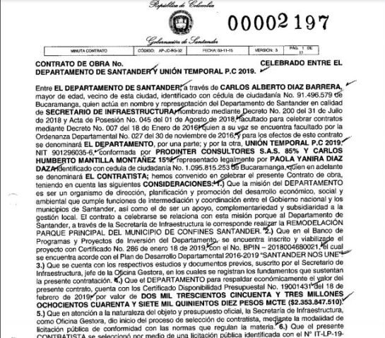 Contrato para el arreglo del parque principal de Vélez Contrato para el arreglo del parque principal de Vélez