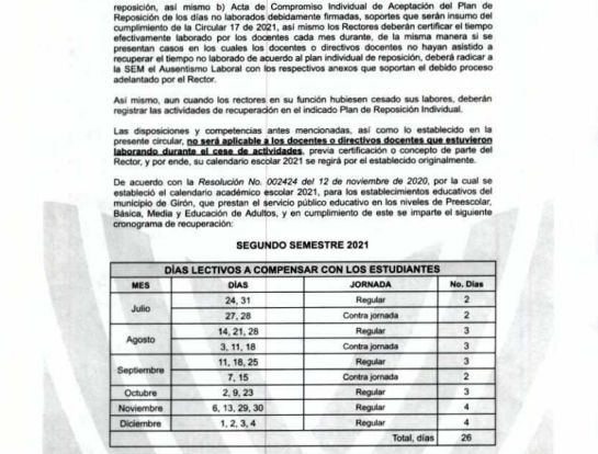 Cronograma de recuperación de clases en Girón Cronograma de recuperación de clases en Girón