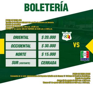 Precio de la boletería para el partido del clásico cafetero en Armenia Precio de la boletería para el partido del clásico cafetero en Armenia