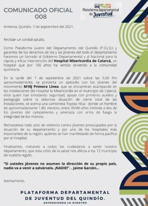 Denuncia pública de los jóvenes de la primera línea en Calarcá Denuncia pública de los jóvenes de la primera línea en Calarcá