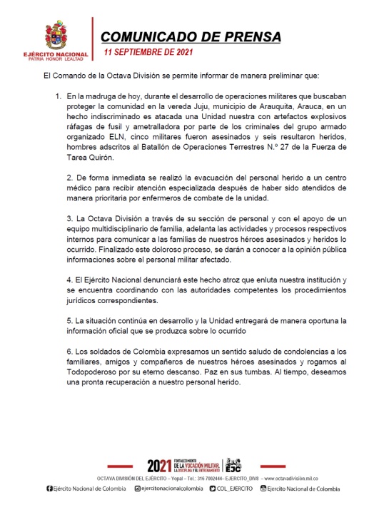 Asesinan militares en la frontera con Venezuela: Ataque del ELN deja 5 soldados muertos, 6 heridos y 3 desaparecidos Asesinan militares en la frontera con Venezuela: Ataque del ELN deja 5 soldados muertos, 6 heridos y 3 desaparecidos