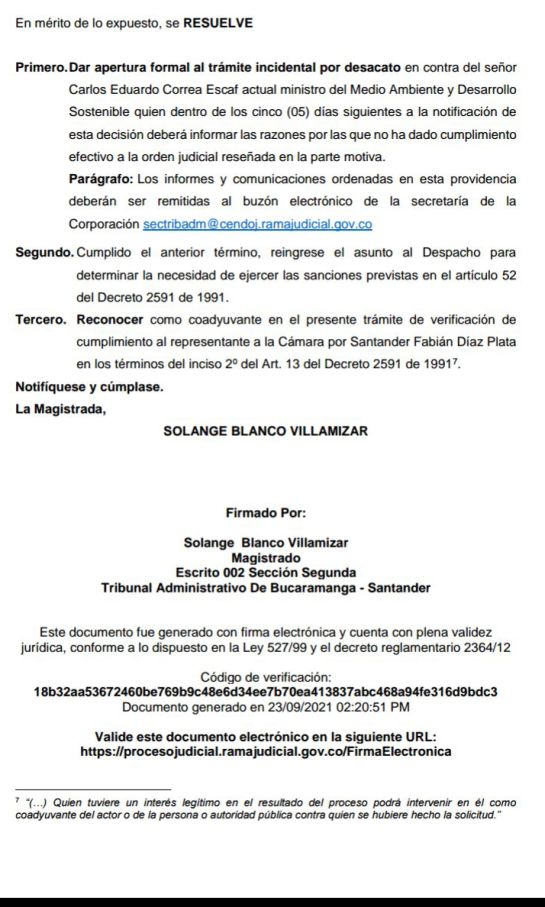 Desacato contra ministro por delimitación de Santurbán Desacato contra ministro por delimitación de Santurbán