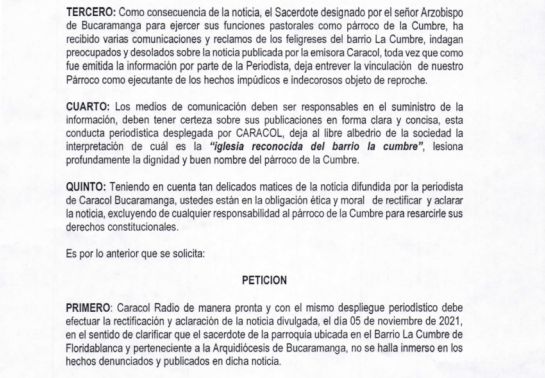 Comunicación de la Curia de Bucaramanga Comunicación de la Curia de Bucaramanga