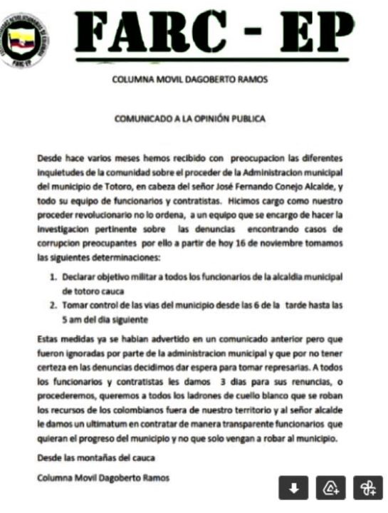 Panfleto firmado por las disidencias de las Farc, estructura Dagoberto Ramos Ortiz Panfleto firmado por las disidencias de las Farc, estructura Dagoberto Ramos Ortiz