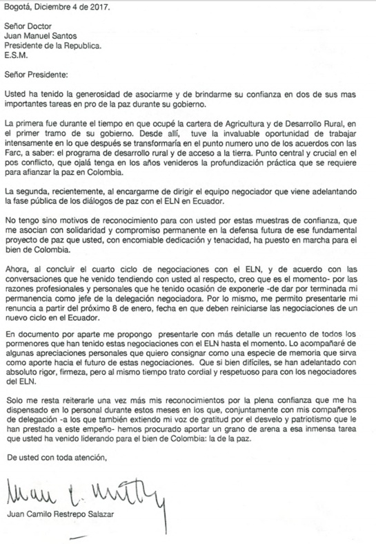 Renunció jefe del equipo negociador con el ELN: Juan Camilo Restrepo renuncia a equipo de negociación del Gobierno con el Eln Renunció jefe del equipo negociador con el ELN: Juan Camilo Restrepo renuncia a equipo de negociación del Gobierno con el Eln