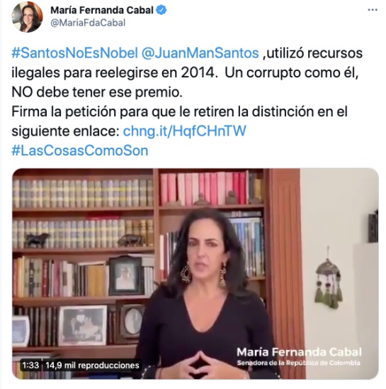“A Juan Manuel Santos se le debe quitar el premio Nobel de Paz”: Cabal “A Juan Manuel Santos se le debe quitar el premio Nobel de Paz”: Cabal