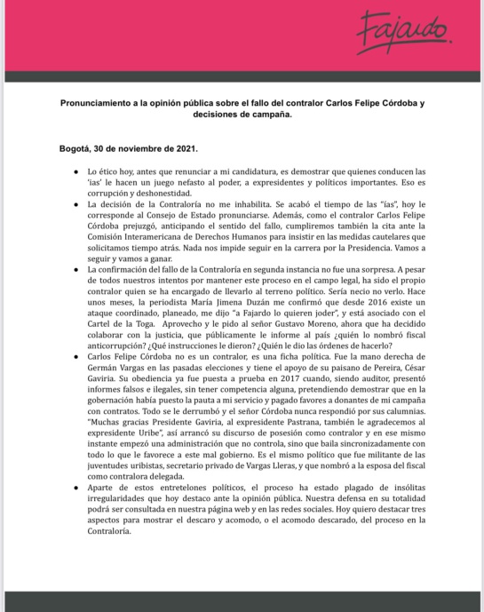 Comunicado oficial Sergio Fajardo Comunicado oficial Sergio Fajardo