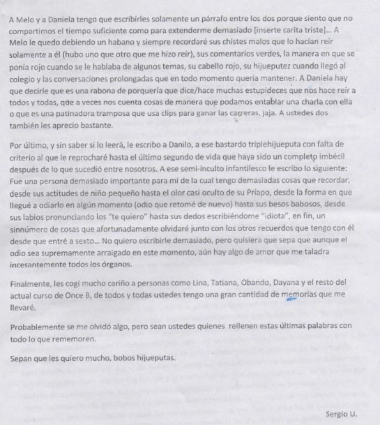 Carta del estudiante Sergio Urrego.