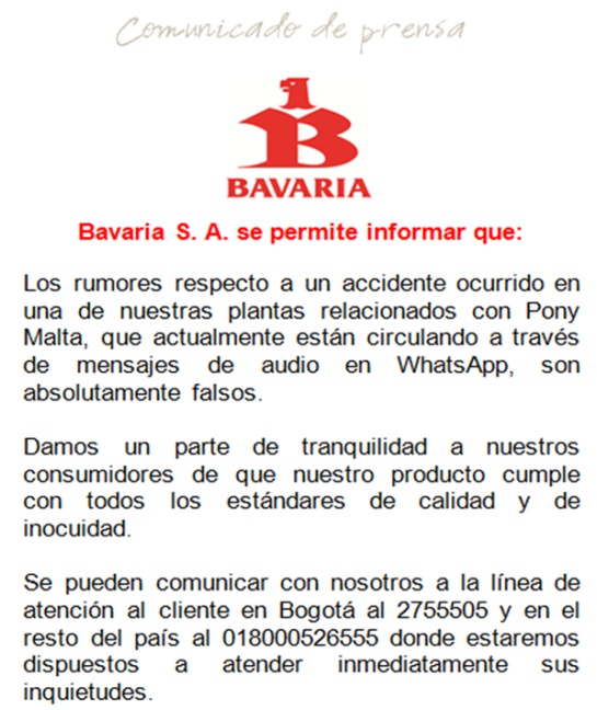 Bavaria Pony Malta Accidente laboral Whatsapp: Bavaria desmiente rumores de accidente en planta de Pony Malta Bavaria Pony Malta Accidente laboral Whatsapp: Bavaria desmiente rumores de accidente en planta de Pony Malta