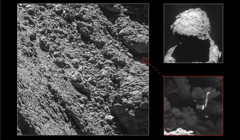 Sonda Rosetta, módulo Philae: Una cámara de la sonda Rosetta localiza al módulo Philae en el cometa
