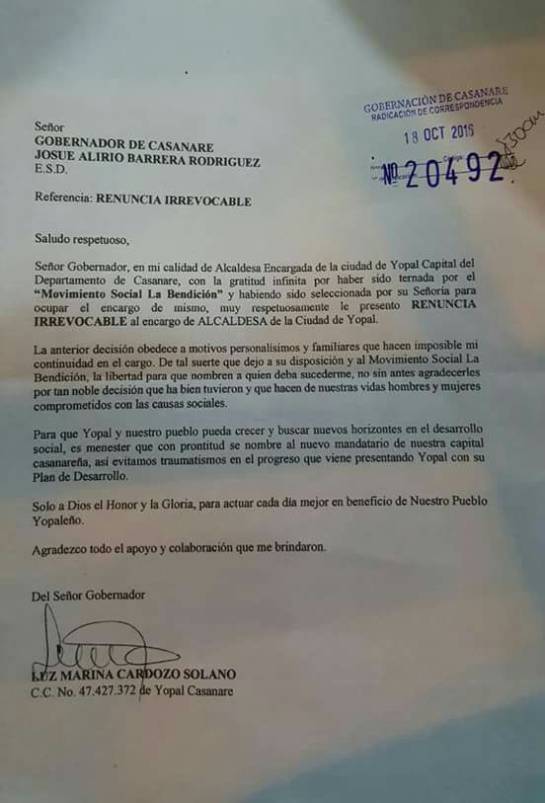 Falsa renuncia de alcaldesa de Yopal: Radicaron falsa renuncia de la alcaldesa encargada de Yopal Falsa renuncia de alcaldesa de Yopal: Radicaron falsa renuncia de la alcaldesa encargada de Yopal