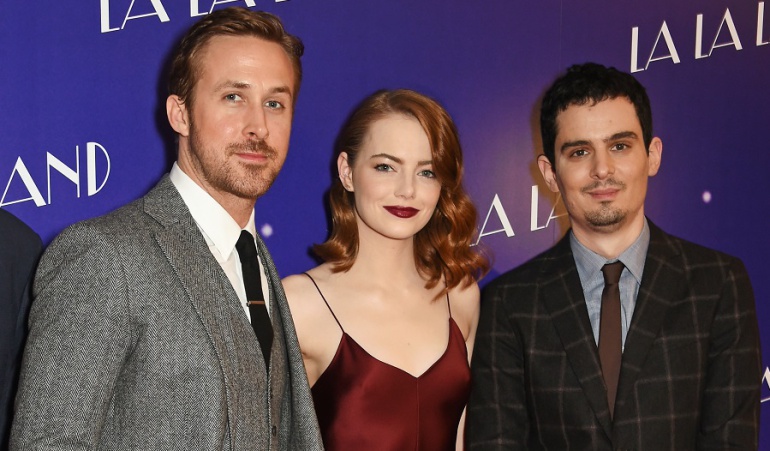 Emma Stone junto a Ryan Gosling y Damien Chazelle.
