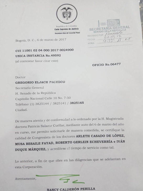 Corte Suprema pidió al Congreso certificar calidad de aforados de nueve parlamentarios Corte Suprema pidió al Congreso certificar calidad de aforados de nueve parlamentarios