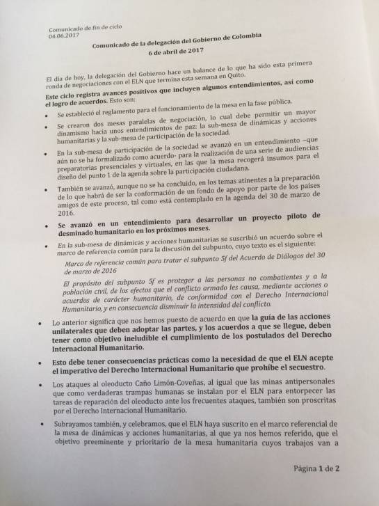 Diálogos entre el Gobierno y el ELN: Gobierno logra con el Eln acuerdo sobre desminado y DIH Diálogos entre el Gobierno y el ELN: Gobierno logra con el Eln acuerdo sobre desminado y DIH