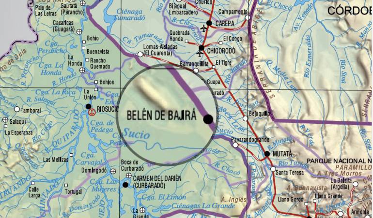 Mapa con los límites de Chocó y de Antioquía.
