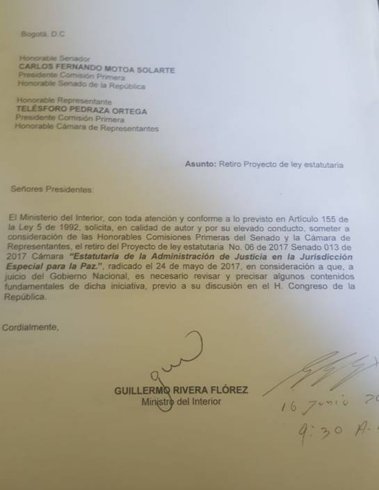 Gobierno retira del Congreso la ley estatutaria de la JEP Gobierno retira del Congreso la ley estatutaria de la JEP