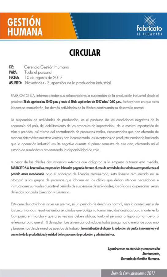 Suspensión de actividades de Fabricato: Fabricato suspenderá por 15 días su producción Suspensión de actividades de Fabricato: Fabricato suspenderá por 15 días su producción