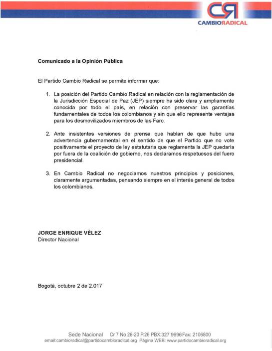 Jep y diferencias entre gobierno y Cambio radical: Cambio Radical asegura que no negocia su postura frente a la JEP Jep y diferencias entre gobierno y Cambio radical: Cambio Radical asegura que no negocia su postura frente a la JEP