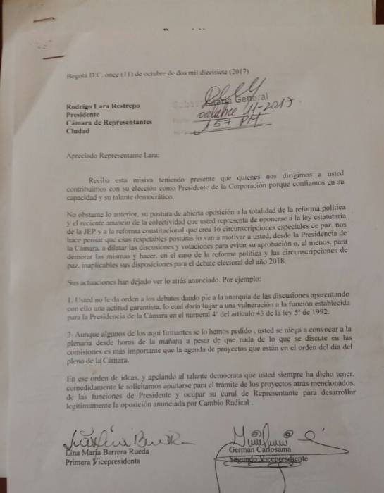 Piden a Lara retirarse de la presidencia de la Cámara para que hagan trámite los proyectos que tienen que ver con implementación de acuerdos de paz: Piden a Lara apartarse de la Presidencia de la Cámara, para que avancen proyectos de paz Piden a Lara retirarse de la presidencia de la Cámara para que hagan trámite los proyectos que tienen que ver con implementación de acuerdos de paz: Piden a Lara apartarse de la Presidencia de la Cámara, para que avancen proyectos de paz
