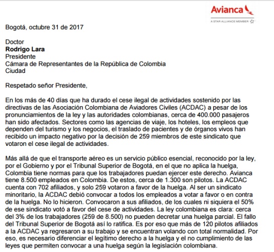 Huelga pilotos Avianca: Cruce de Cartas de las directivas de Avianca al presidente de la Cámara de Representantes Huelga pilotos Avianca: Cruce de Cartas de las directivas de Avianca al presidente de la Cámara de Representantes