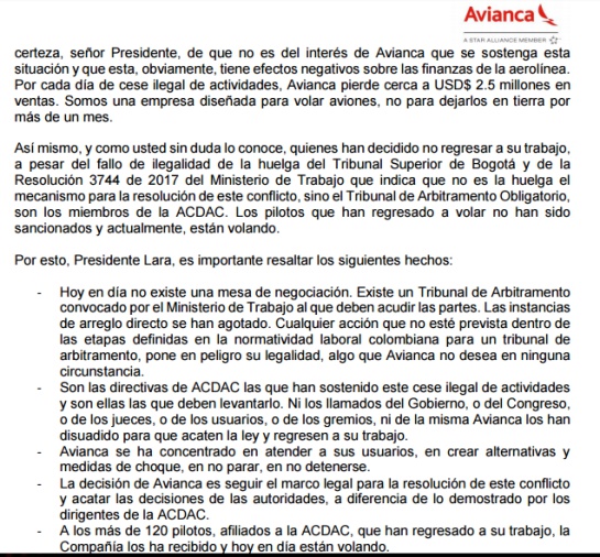 Huelga pilotos Avianca: Cruce de Cartas de las directivas de Avianca al presidente de la Cámara de Representantes Huelga pilotos Avianca: Cruce de Cartas de las directivas de Avianca al presidente de la Cámara de Representantes