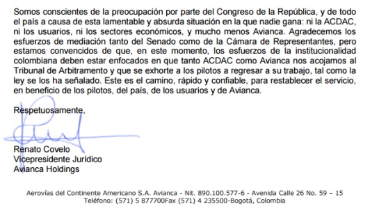 Huelga pilotos Avianca: Cruce de Cartas de las directivas de Avianca al presidente de la Cámara de Representantes Huelga pilotos Avianca: Cruce de Cartas de las directivas de Avianca al presidente de la Cámara de Representantes