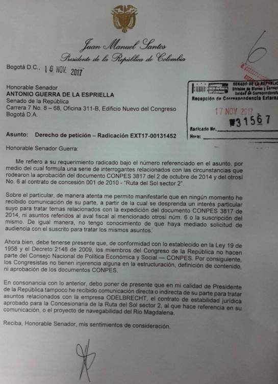 Caso Odebrecht: “Senador Guerra no intervino en Conpes sobre obras”: Santos Caso Odebrecht: “Senador Guerra no intervino en Conpes sobre obras”: Santos