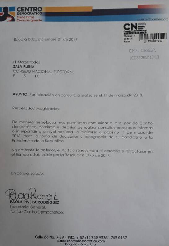 Elecciones presidenciales 2018: “Ya se radicó la carta del uribismo para hacer consulta en marzo”: Lafaurie Elecciones presidenciales 2018: “Ya se radicó la carta del uribismo para hacer consulta en marzo”: Lafaurie