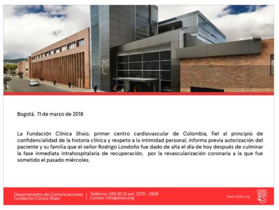 Rodrigo Londoño: Timochenko fue dado de alta Rodrigo Londoño: Timochenko fue dado de alta