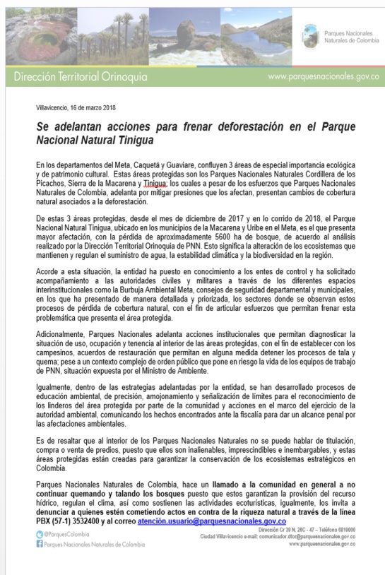 Deforestación en parque nacional en Meta: Piden acompañamiento militar para frenar deforestación en Parque Tinigua Deforestación en parque nacional en Meta: Piden acompañamiento militar para frenar deforestación en Parque Tinigua