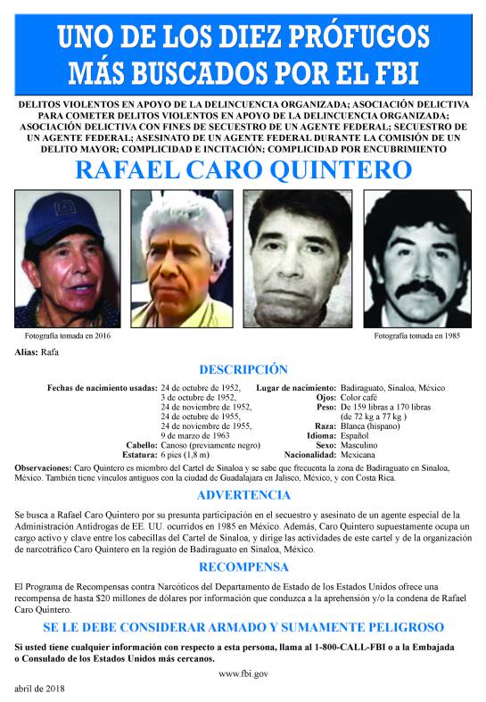 Cartel de Sinaloa: Rafael Caro Quintero, entre los 10 más buscados por el FBI Cartel de Sinaloa: Rafael Caro Quintero, entre los 10 más buscados por el FBI