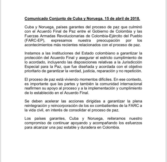 Países garantes Acuerdo de paz: Cuba y Noruega piden al Gobierno garantizar cumplimiento del acuerdo de paz Países garantes Acuerdo de paz: Cuba y Noruega piden al Gobierno garantizar cumplimiento del acuerdo de paz