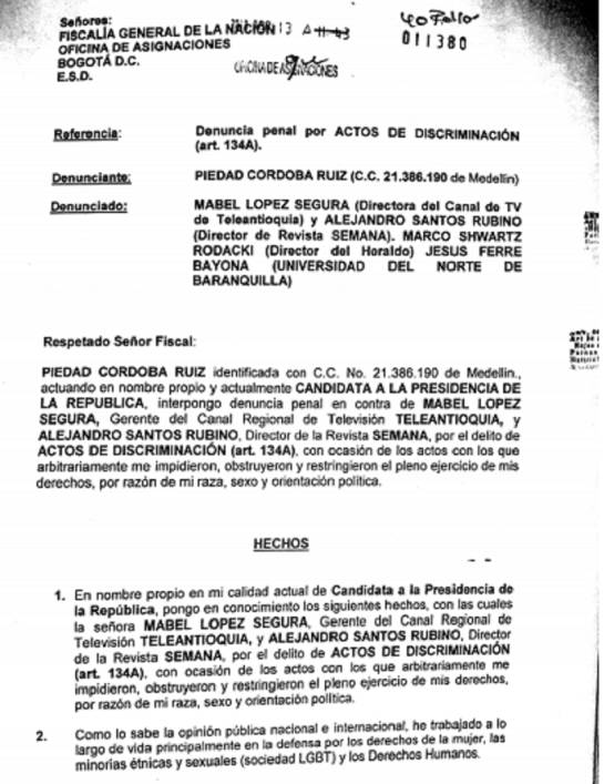 Denuncia de Organizadores de Debates: Piedad Córdoba denunció a organizadores de debates Denuncia de Organizadores de Debates: Piedad Córdoba denunció a organizadores de debates