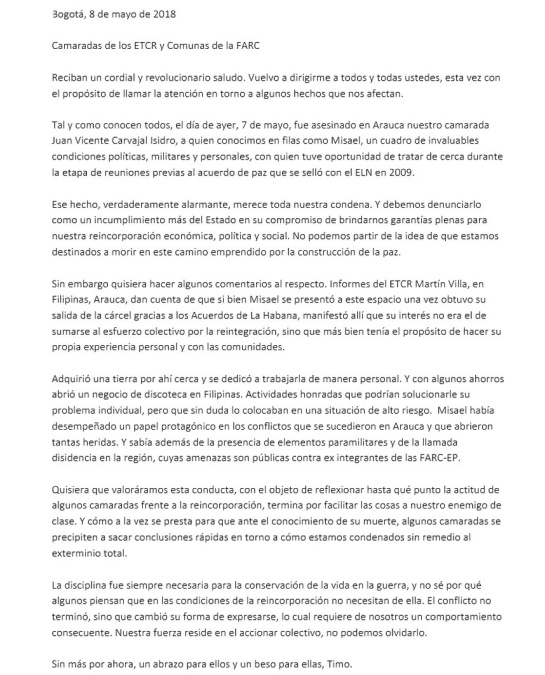 Partido Farc: Timochenko pide disciplina a los excombatientes de la Farc Partido Farc: Timochenko pide disciplina a los excombatientes de la Farc