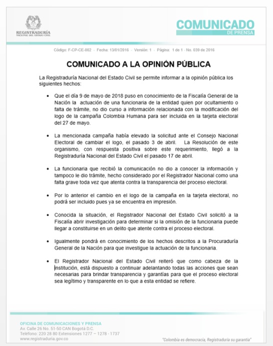 Tarjetón Logo Petro elecciones presidenciales 2018: Registraduría reconoce error en caso de logo de Colombia Humana en tarjetón Tarjetón Logo Petro elecciones presidenciales 2018: Registraduría reconoce error en caso de logo de Colombia Humana en tarjetón